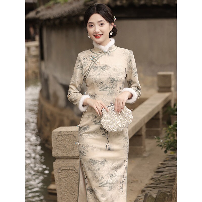 2026新款绿色加绒秋冬装国风新中式长款长袖改良旗袍冬季厚款