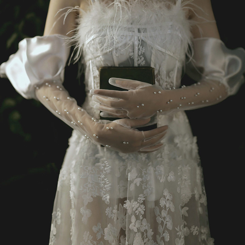 2026新款全指网纱珍珠白色新娘手套荷叶边防晒长手套婚纱礼服