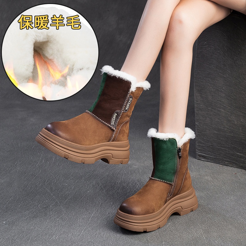 2025新款上海杰骤冬季保暖拼色雪地靴羊毛厚底复古中筒靴舒适