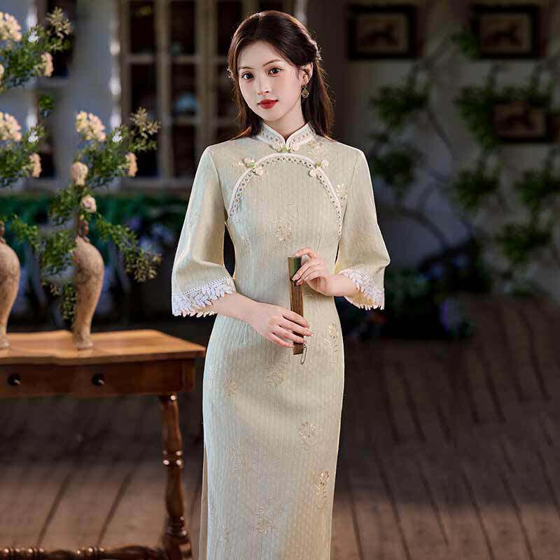 2026新款绿色国风新中式长款秋季长袖旗袍改良年轻款女高级感
