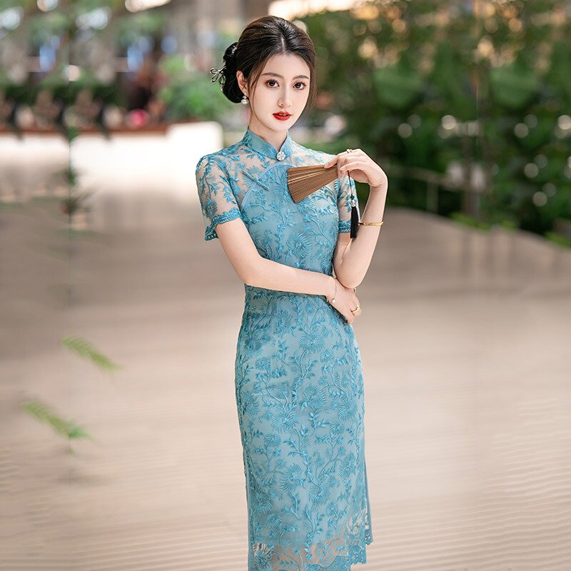 2026新款蓝色蕾丝性感旗袍裙夏季新中式改良绝美文艺减龄洋气高端