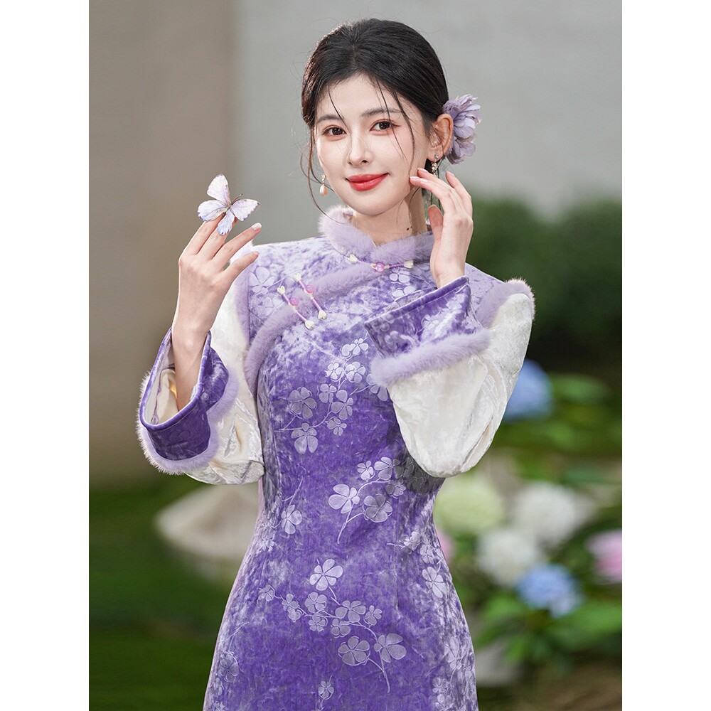 2026新款改良紫色旗袍连衣裙长袖加绒加厚低领长袖鱼尾修身高