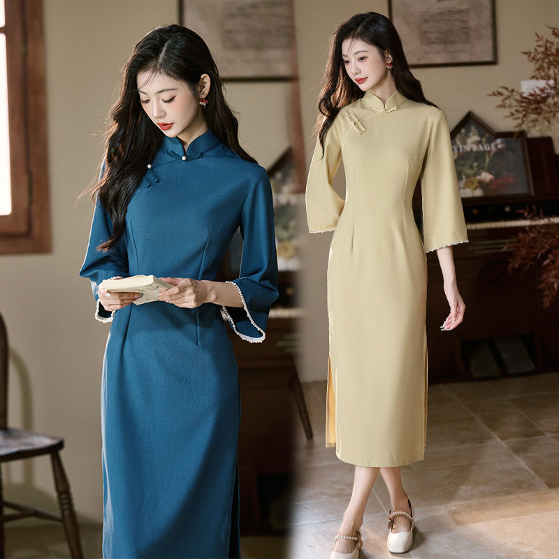 2026新款蓝色黄色国风中式长款秋季长袖旗袍改良年轻款女复古
