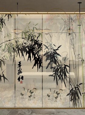 半透明花鸟水墨竹双面透景屏风纱中式卷帘隔断帘挂帘窗帘透光纱帘