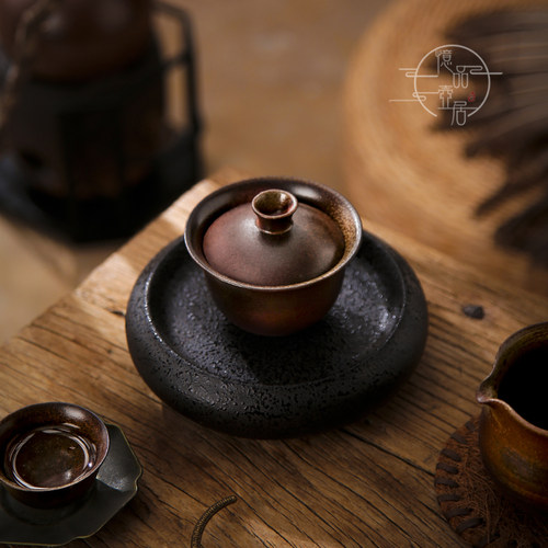 柴烧三才盖碗套装老岩泥品茗茶杯纯手拉复古公道杯分茶器泡茶碗组