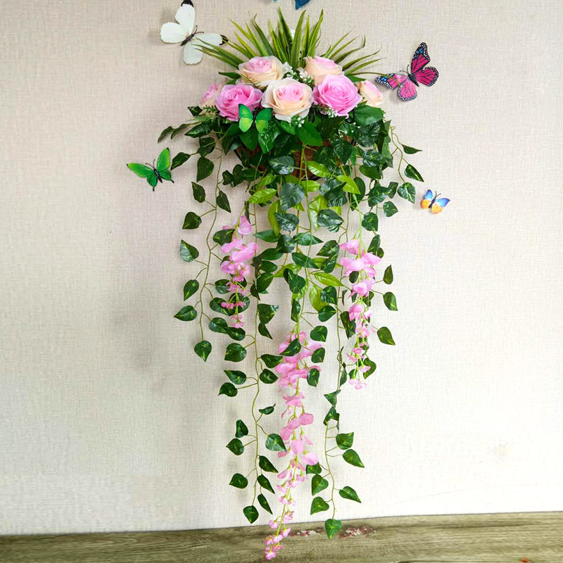 仿真玫瑰花壁挂墙壁挂装饰花篮绢花假花挂件室内墙花盆仿真挂壁花