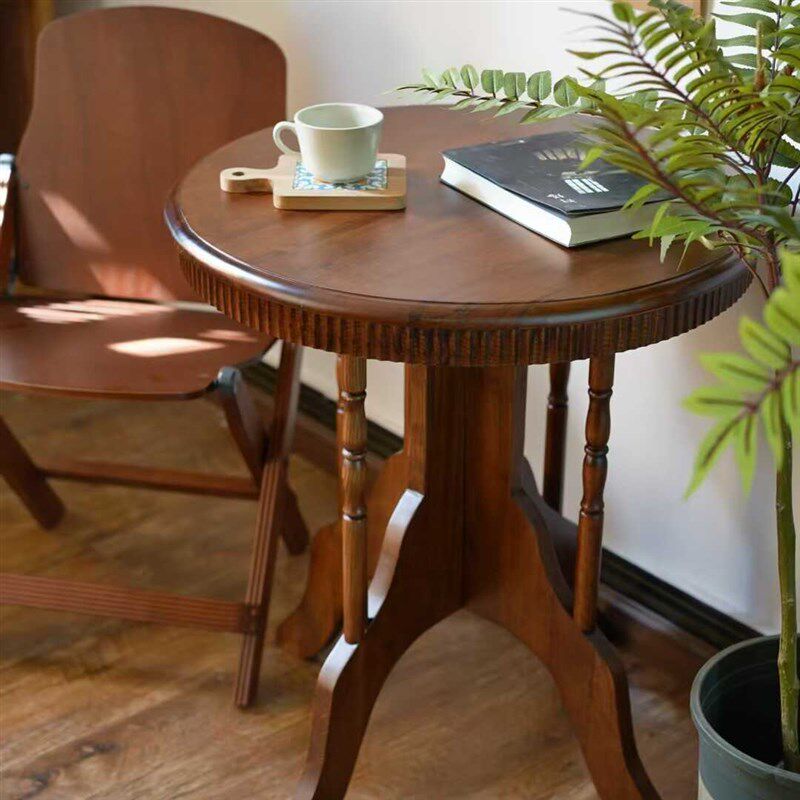 实木复古圆桌咖啡甜品阳台花园桌中古复刻折叠胡桃色做旧民宿餐桌