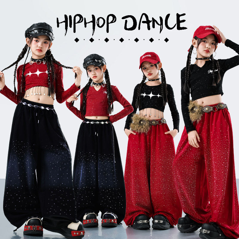 爵士舞服装女童潮酷时髦红色儿童走秀潮服少儿爵士演出服女团套装