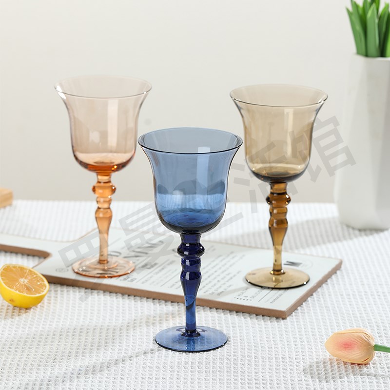 法式高脚杯彩色甜酒杯中古绿色葡萄酒杯水晶玻璃酒杯高端郁金香杯