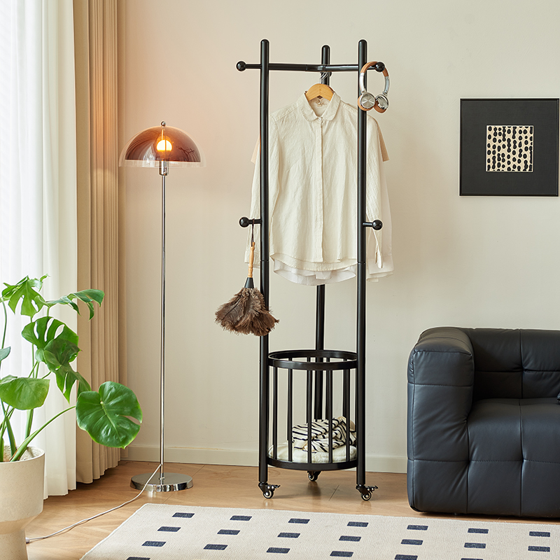 侘寂风实木衣帽架落地卧室挂衣架可移动衣物收纳架脏衣篓衣架一体