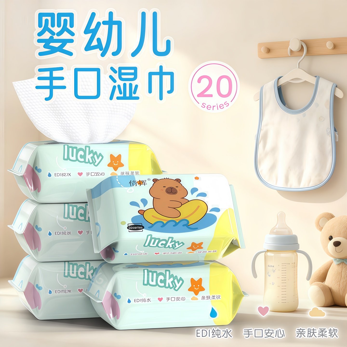 婴儿手口清洁便携小包湿纸巾新生儿童专用卡皮巴拉小包湿巾纸20抽