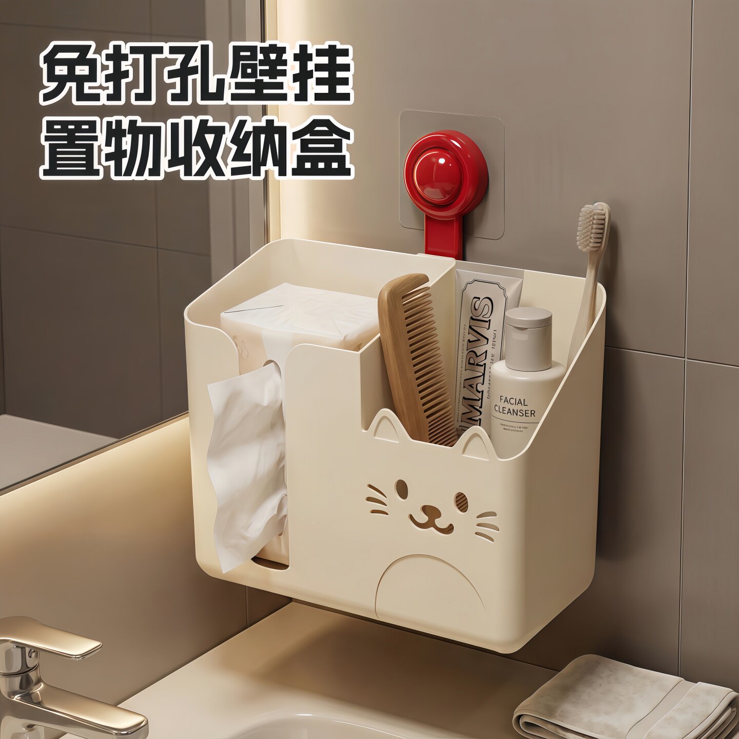 浴室免打孔壁挂多功能纸巾收纳盒