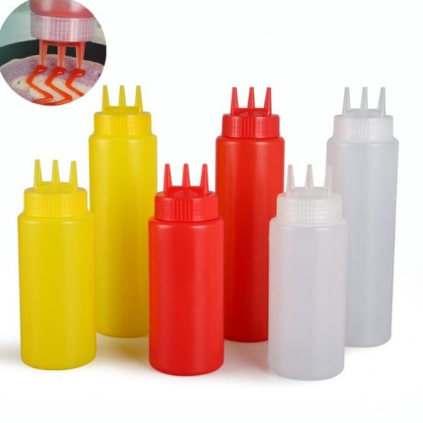 3-hole Squeeze Condiment Bottles With Cap Lid Salad Sauce Di