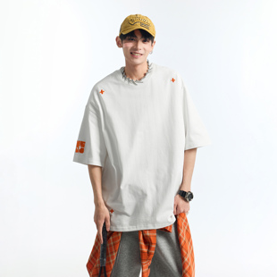GKKRT美式潮牌十字刺绣重磅短袖T恤男款2025新款320g纯棉宽松上衣