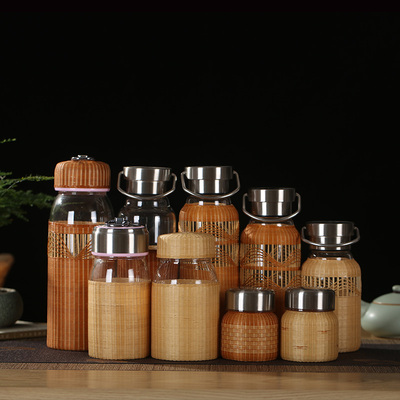 中式手工竹编竹丝茶水分离杯防烫小胖杯大肚杯女冷水杯泡茶杯玻璃