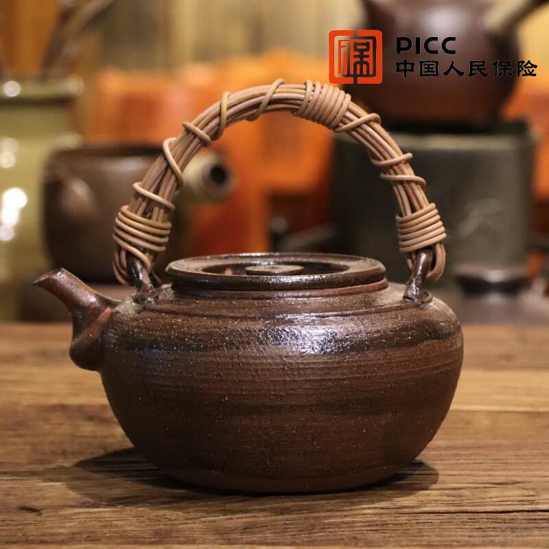 侘寂风柴烧纯手工家用明火炭炉煮茶壶复古中式藤编提梁泡茶养生壶