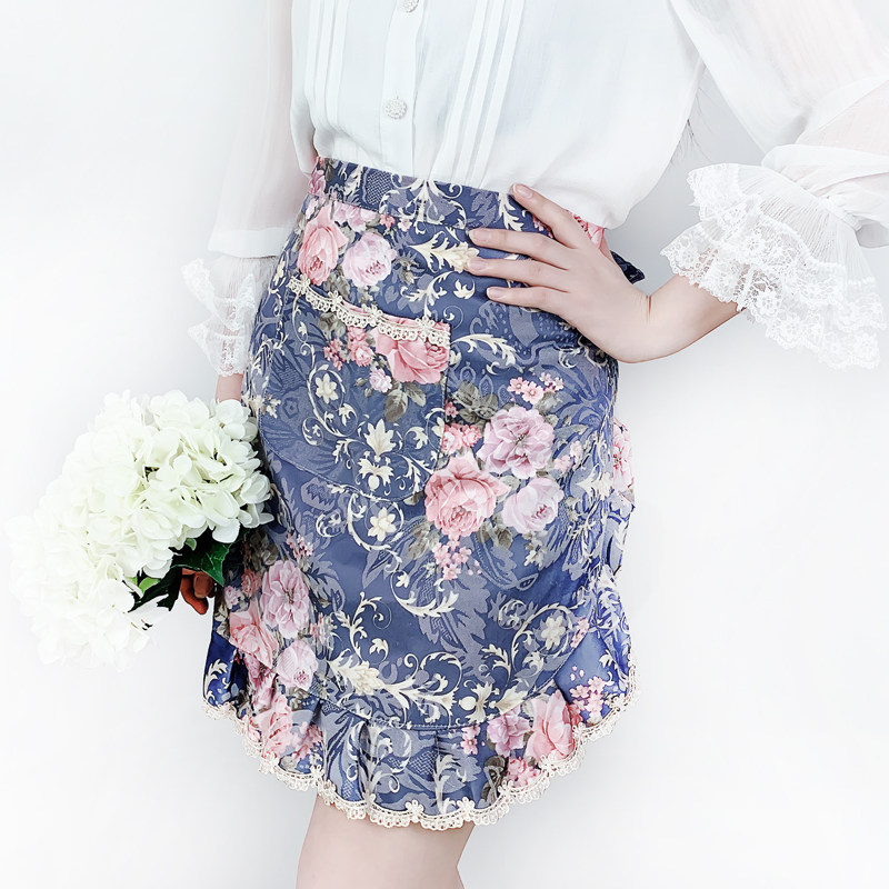 半身围裙半截女时尚可爱防水油花边田园风短款碎花餐厅夏工作围腰