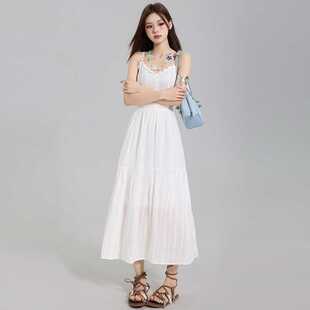 包邮夏季温柔吊带连衣裙女韩系绝美初恋小白裙字沙滩长裙