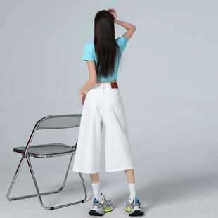 包邮 春夏显瘦七分牛仔裤 款 复古高腰宽松阔腿裤 女 白色美式