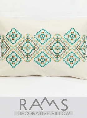 北欧样板房沙发床靠垫抱枕 现代简约全棉菱形格子刺绣花绿色腰枕