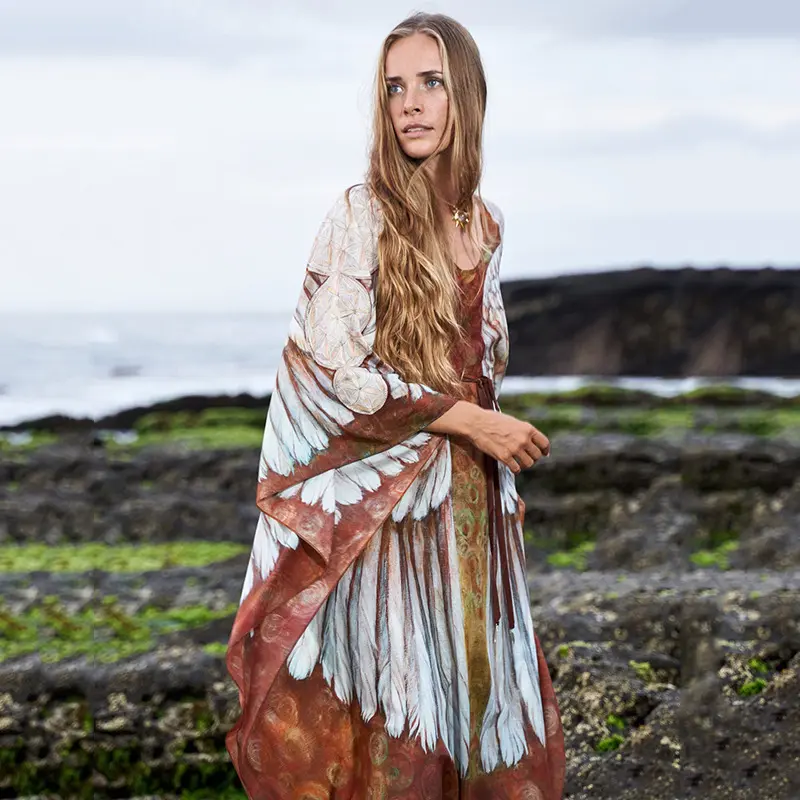 欧美新款雪纺沙滩裙宽松大码长裙海边度假罩衫防晒衫女