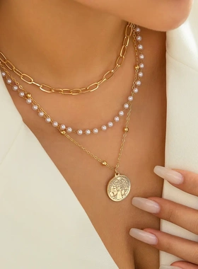 欧美饰品 法式简约叠戴长款珍珠项链 复古冷淡风甜酷颈链项饰