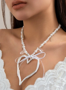 欧美夸张金属大爱心吊坠项链女甜美气质仿珍珠结nelae