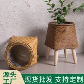 室内仿藤编花架三角支架花盆桌面创意多肉收纳容器办公室草编盆
