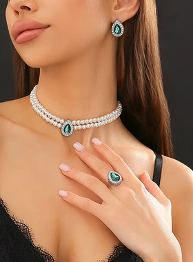 欧美饰品 复古仿珍珠多层颈链 绿色水钻轻奢法式项链女