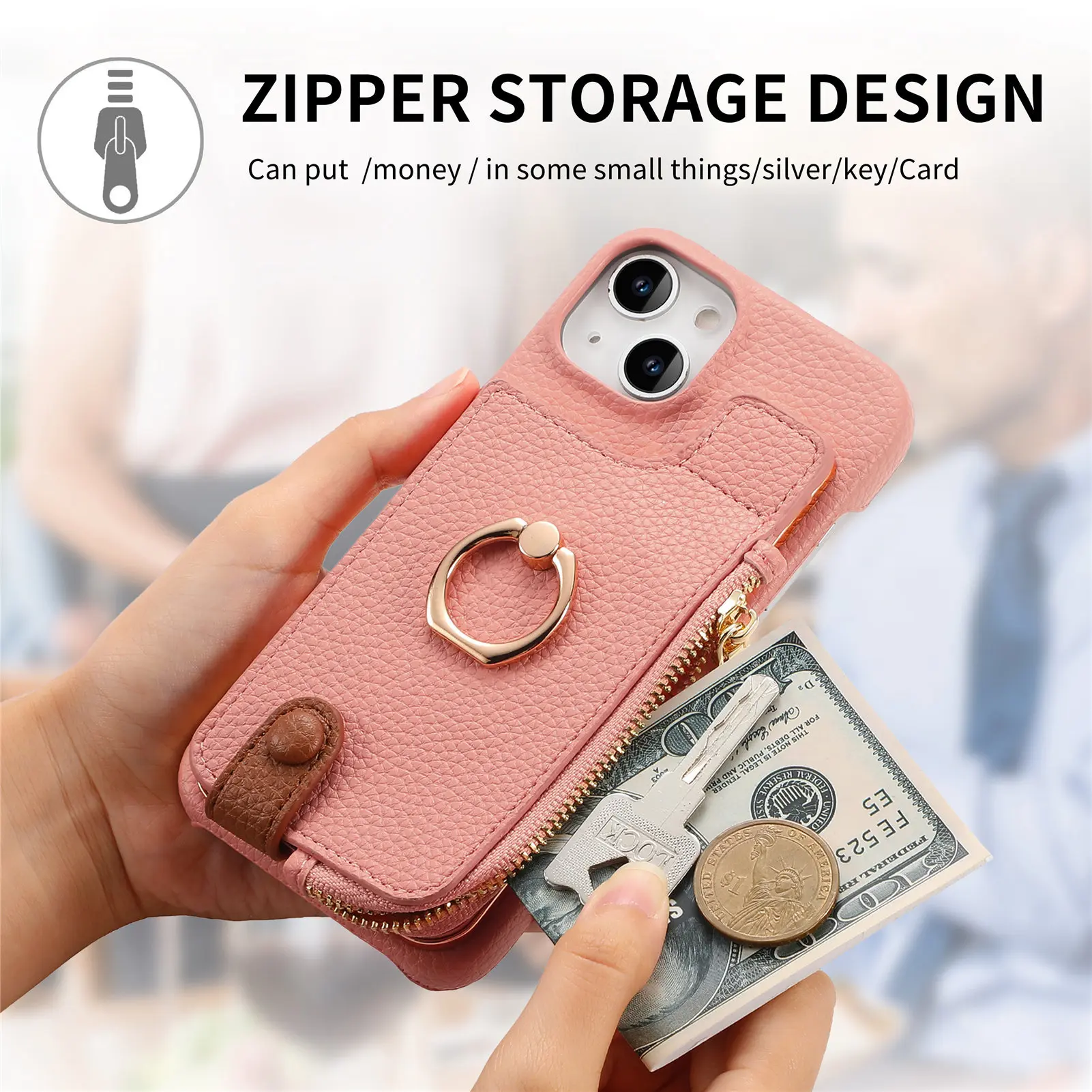 适用16prom荔枝纹上下开电镀油边壳纯色指环插卡iphone保护壳