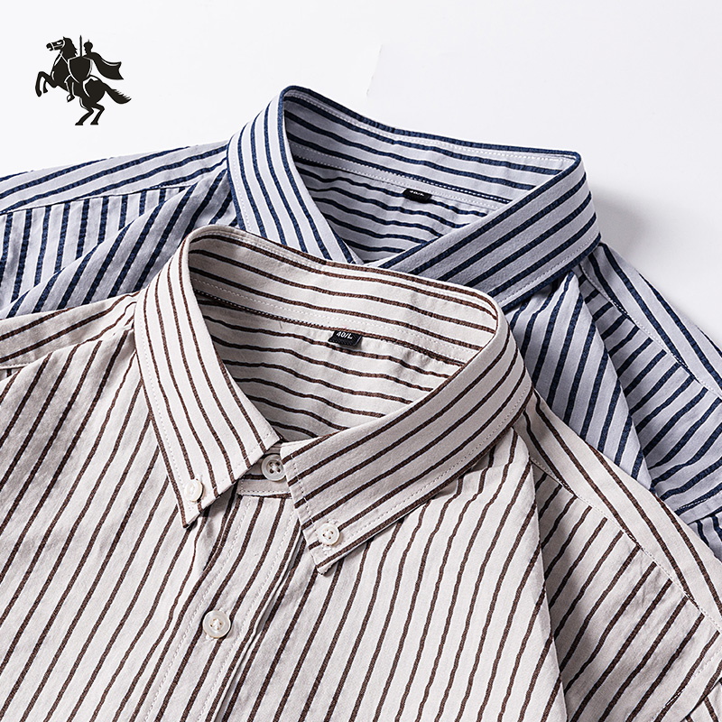 保罗夏季新疆棉纯棉男士泡泡纱条纹衬衫轻薄透气凉感简约短袖衬衣