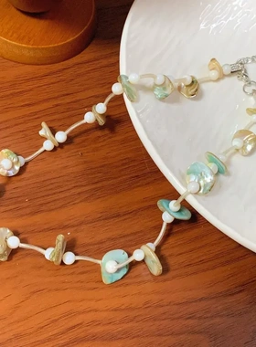 天然贝壳彩色笔串珠项链氛围感复古多巴胺甜美锁骨链度假风颈链