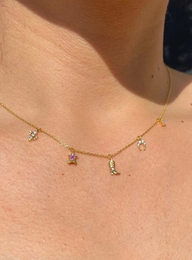 西部牛仔女孩吊坠靴子牛仔帽马蹄吊坠项链铜电镀真金