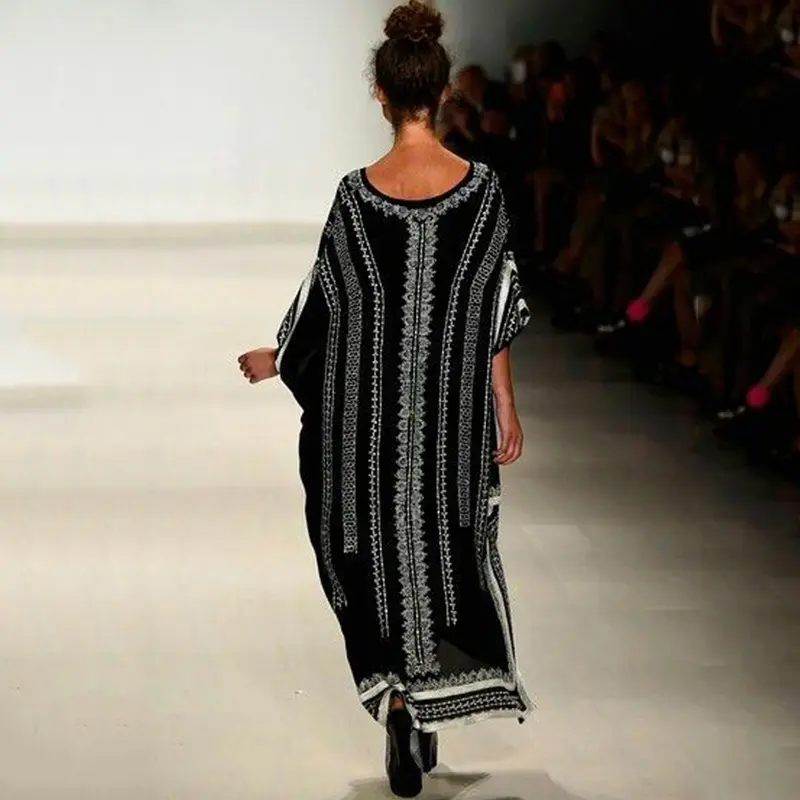 新款欧美黑底速干长袍沙滩裙宽松大码长裙比基尼罩衫防晒衫女长袍