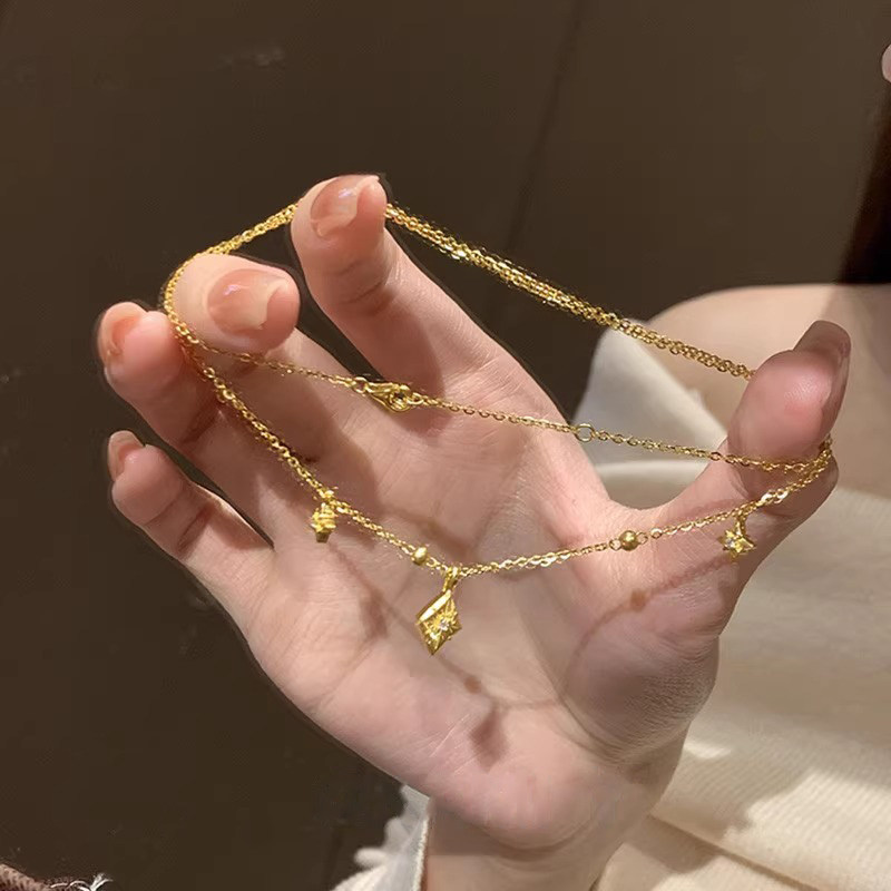 闪耀星芒菱形金色点钻项链女吊坠