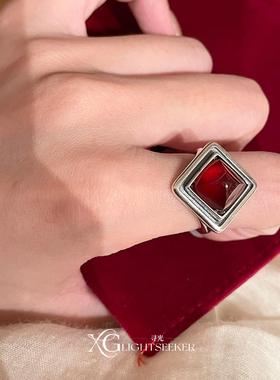 新年朱樱红方形戒指女