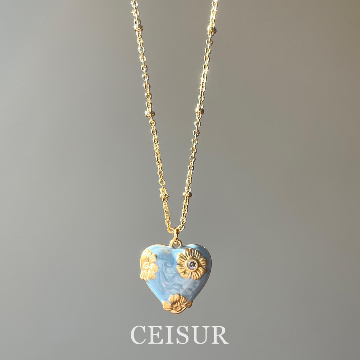 法式复古蓝色滴釉花朵项链女