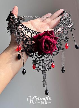 法式复古红色玫瑰花流苏项链女
