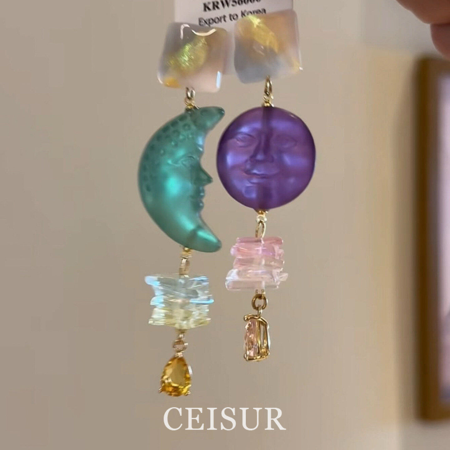 中古不对称月亮太阳流苏耳钉女独特气质夸张耳环小众设计复古耳饰