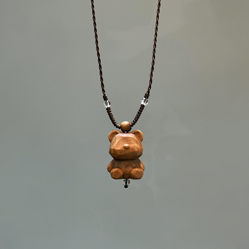 新中式木质小熊吊坠项链女