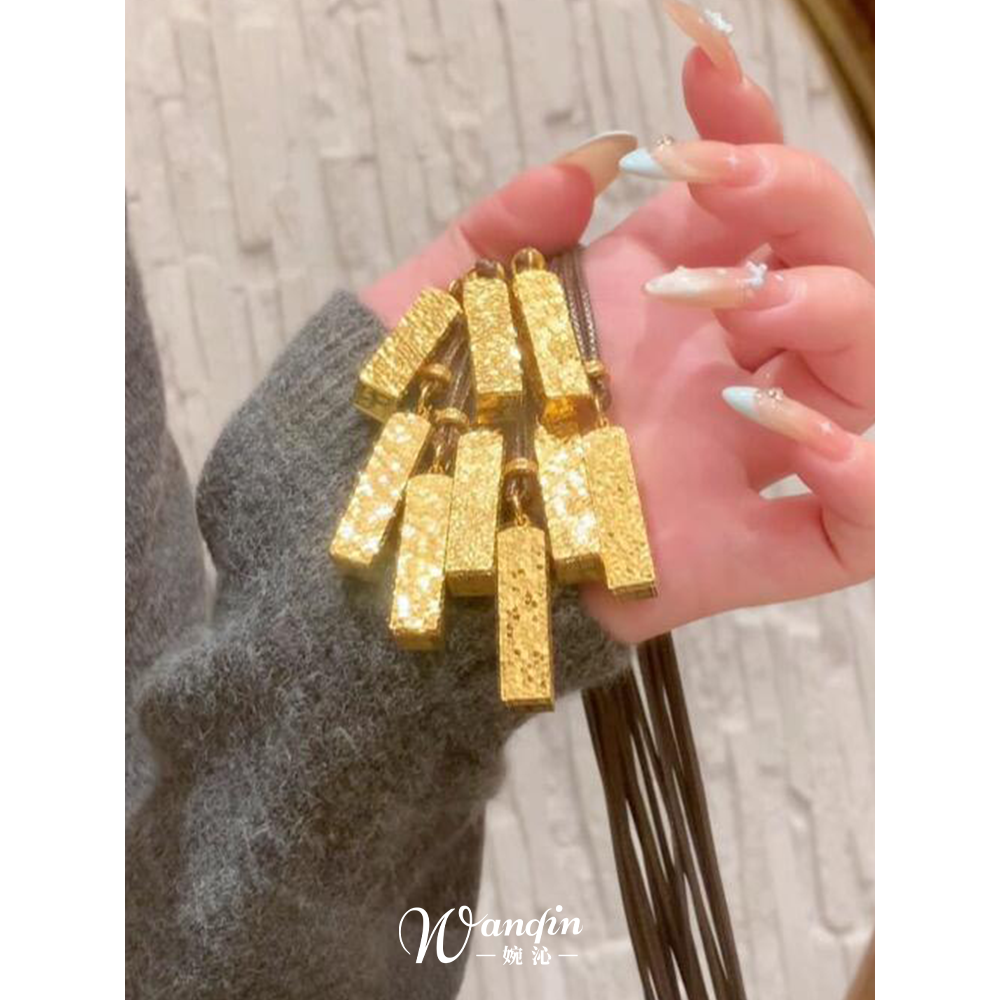 金色碎冰冰四方来财砖块吊坠项链