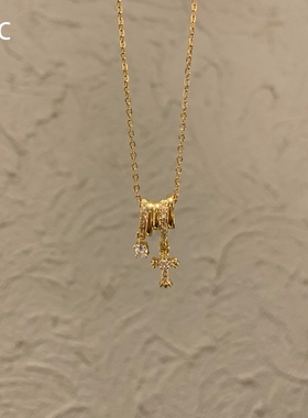vintage中古金色仿钻十字架项链