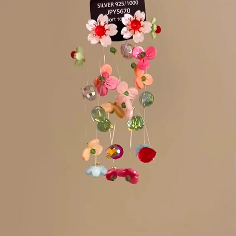 夏日彩色花朵流苏耳环女耳扣