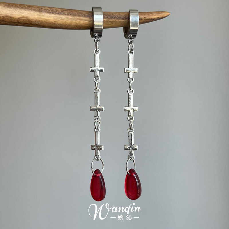 清冷感十字架红色水滴吊坠流苏耳环女个性独特朋克风耳钉独特耳饰,饰品/流行首饰/时尚饰品新,耳环,淘宝优惠券,粉丝福利购,淘宝优惠卷