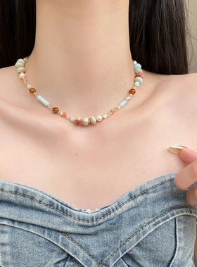 天然石淡水珍珠琉璃串珠项链饰品女夏季高级感轻奢百搭锁骨链颈链