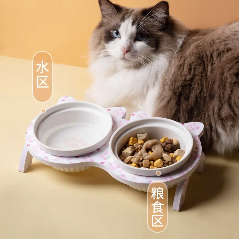 陶瓷猫碗高脚护颈双碗防打翻宠物猫狗食盆水碗倾斜保护颈椎防打翻