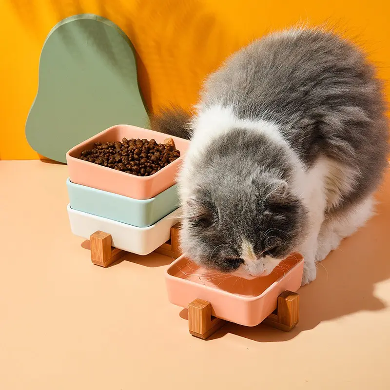 四方形猫碗陶瓷双碗猫咪食盆狗盆喝水猫粮碗宠物碗水碗食碗防打翻