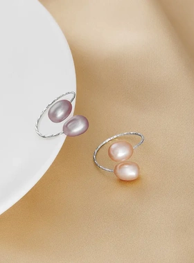 榕树下s925银三色天然双珍珠戒指女活口细款设计食指指戒温柔