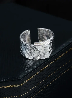 s925银ins潮人皱褶纹宽边戒指女几何不规则韩版开口食指戒