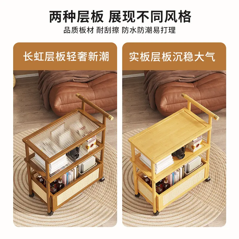 可移动沙发边几家用客厅茶几中古风带轮小推车收纳置物架